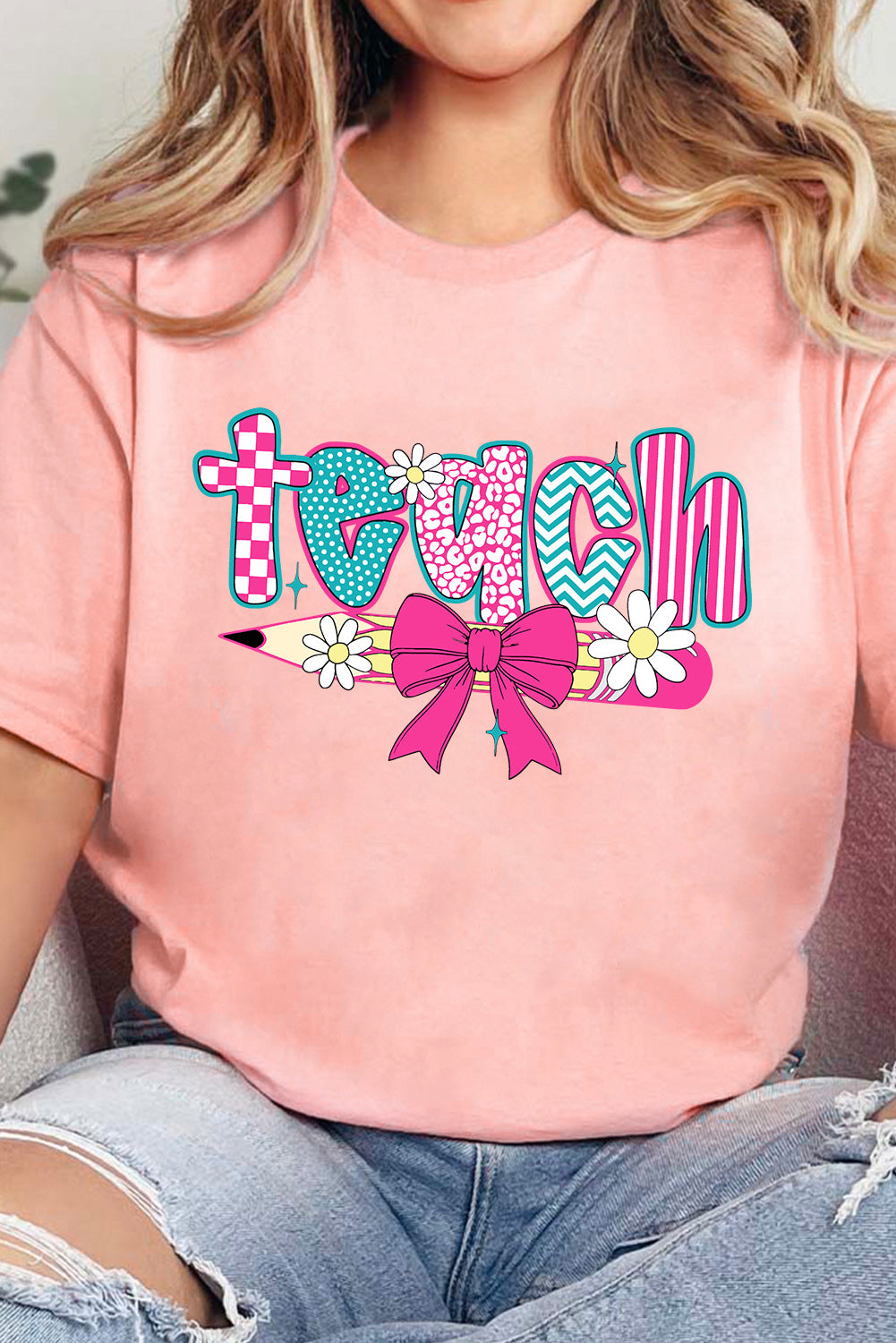 Pink Retro Checkered teach and Bow Pencil Graphic T Shirt
