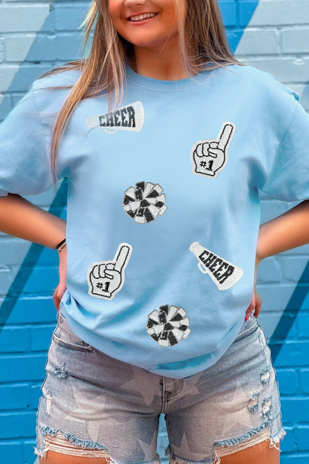 Light Blue Cheer Game Day Element Sequin Patched T Shirt