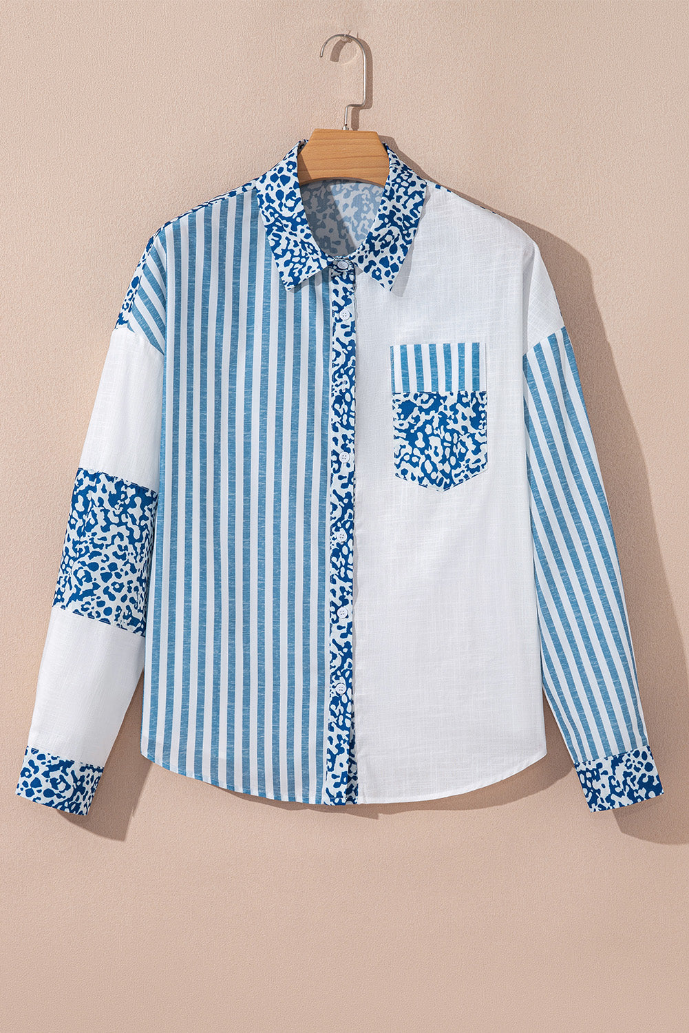 Sky Blue Leopard Striped Patchwork Button-up Shirt