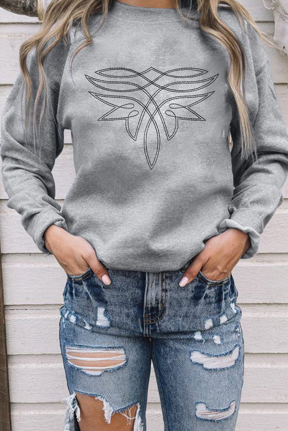 Gray Boot Stitch Pattern Drop Shoulder Pullover Sweatshirt