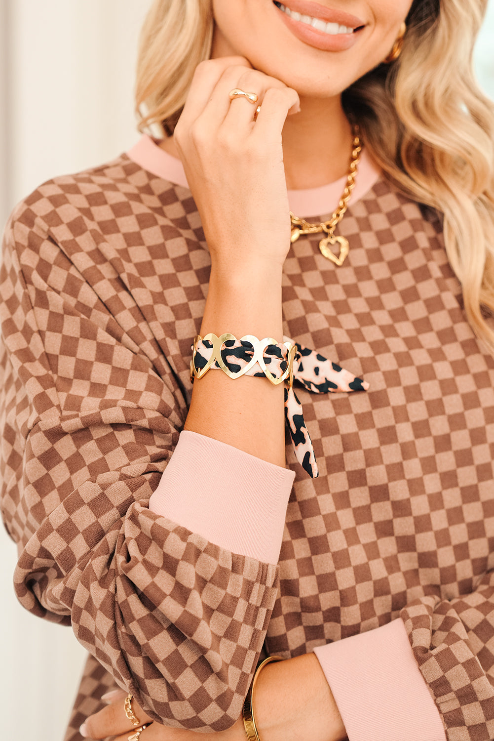 Camel Hollow Out Heart Leopard Print Ribbon Bracelet