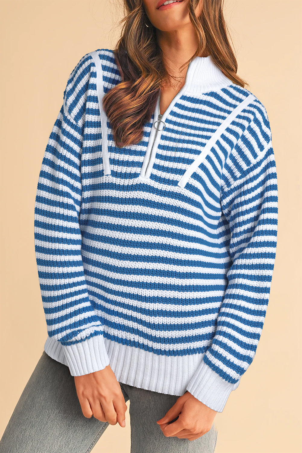 Sky Blue Stripe Zip up Collar Drop Sleeve Sweater