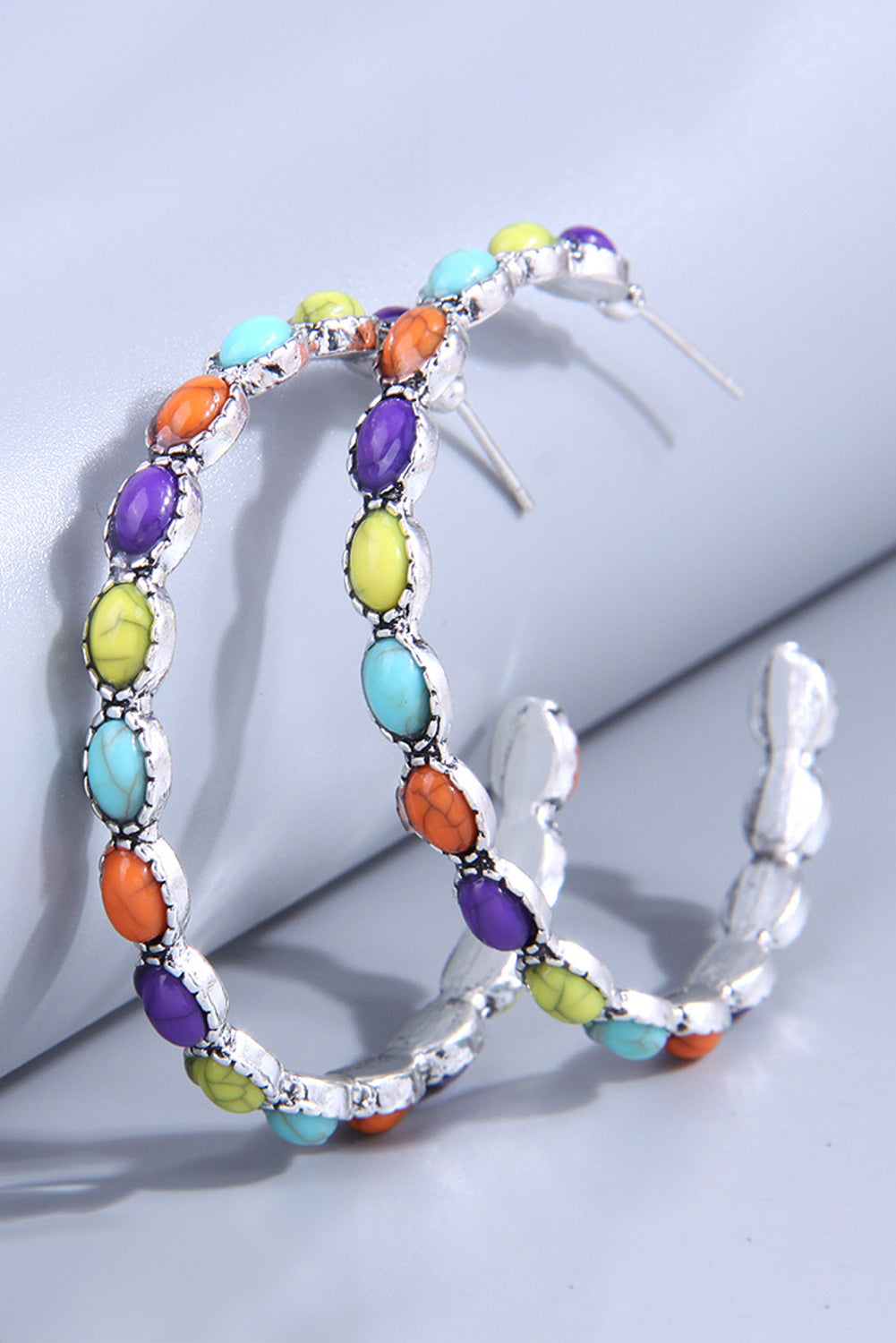 Silvery Boho Turquoise Beaded Hoop Earrings