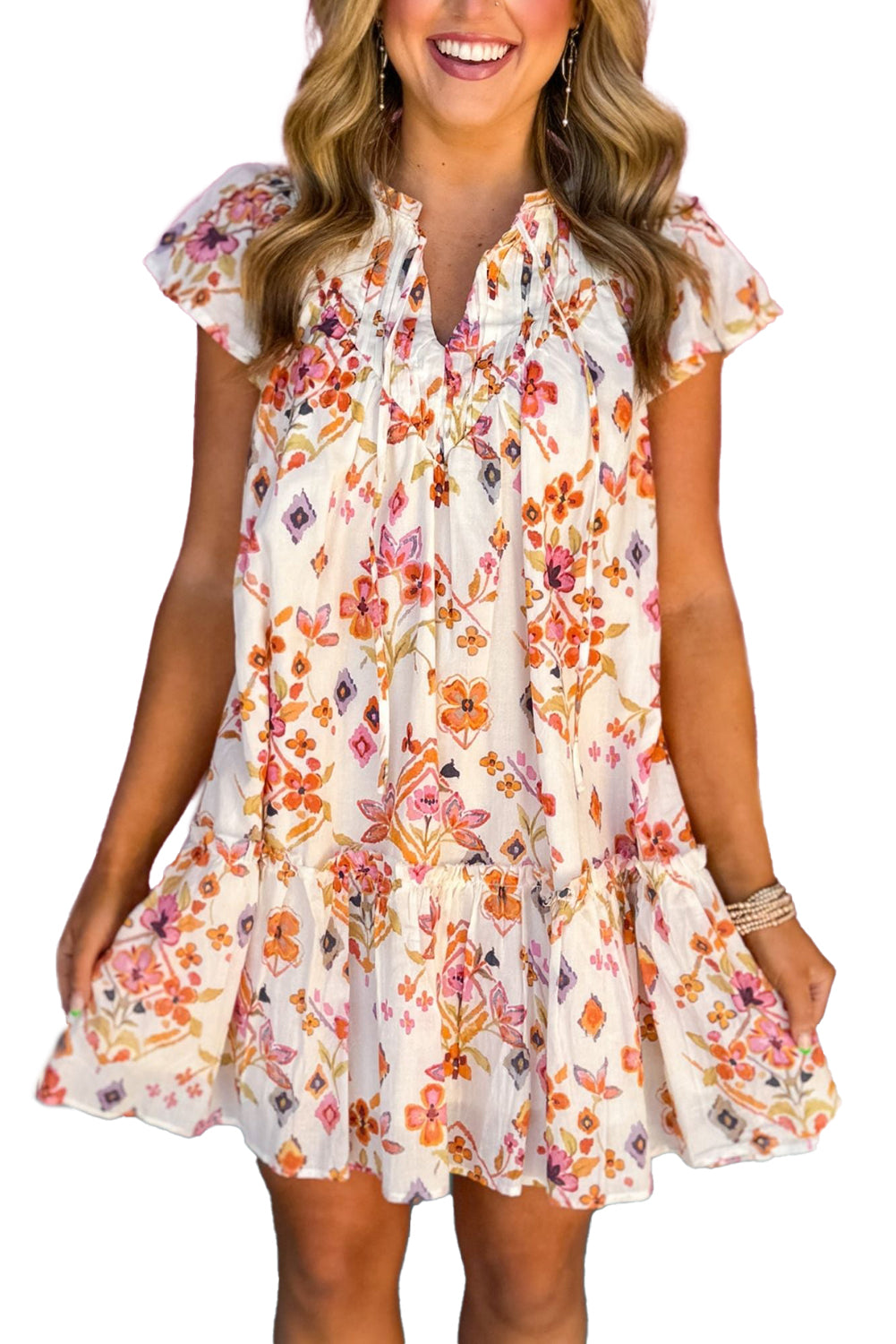 Apricot Floral Print Ruffled Trim Flutter Sleeve Mini Dress