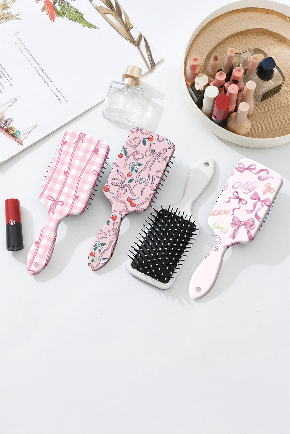Pink Flower and Bow Printed Striped Hair Cushion Comb
