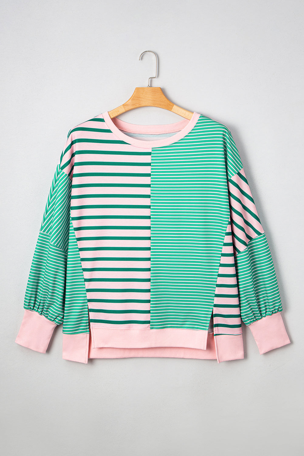 Green Stripe Colorblock Patchwork Side Slit Plus Size Sweatshirt
