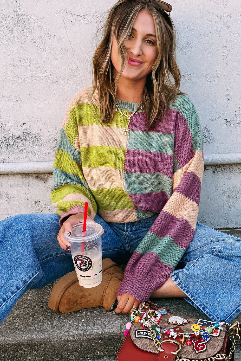 Green Stripe Colorblock Drop Shoulder Ribbed Edge Sweater