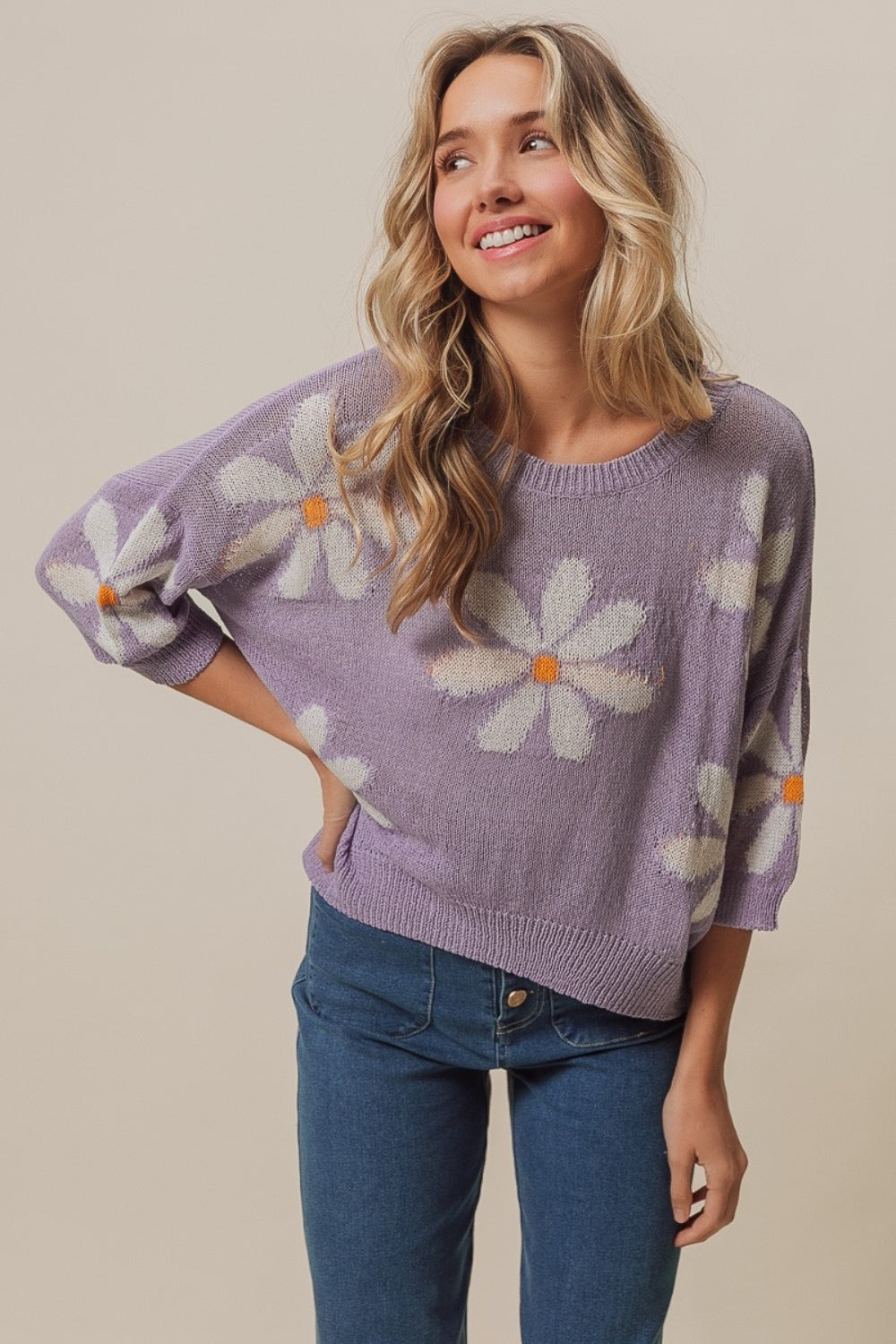 BiBi Floral Pattern Slit Sweater-2