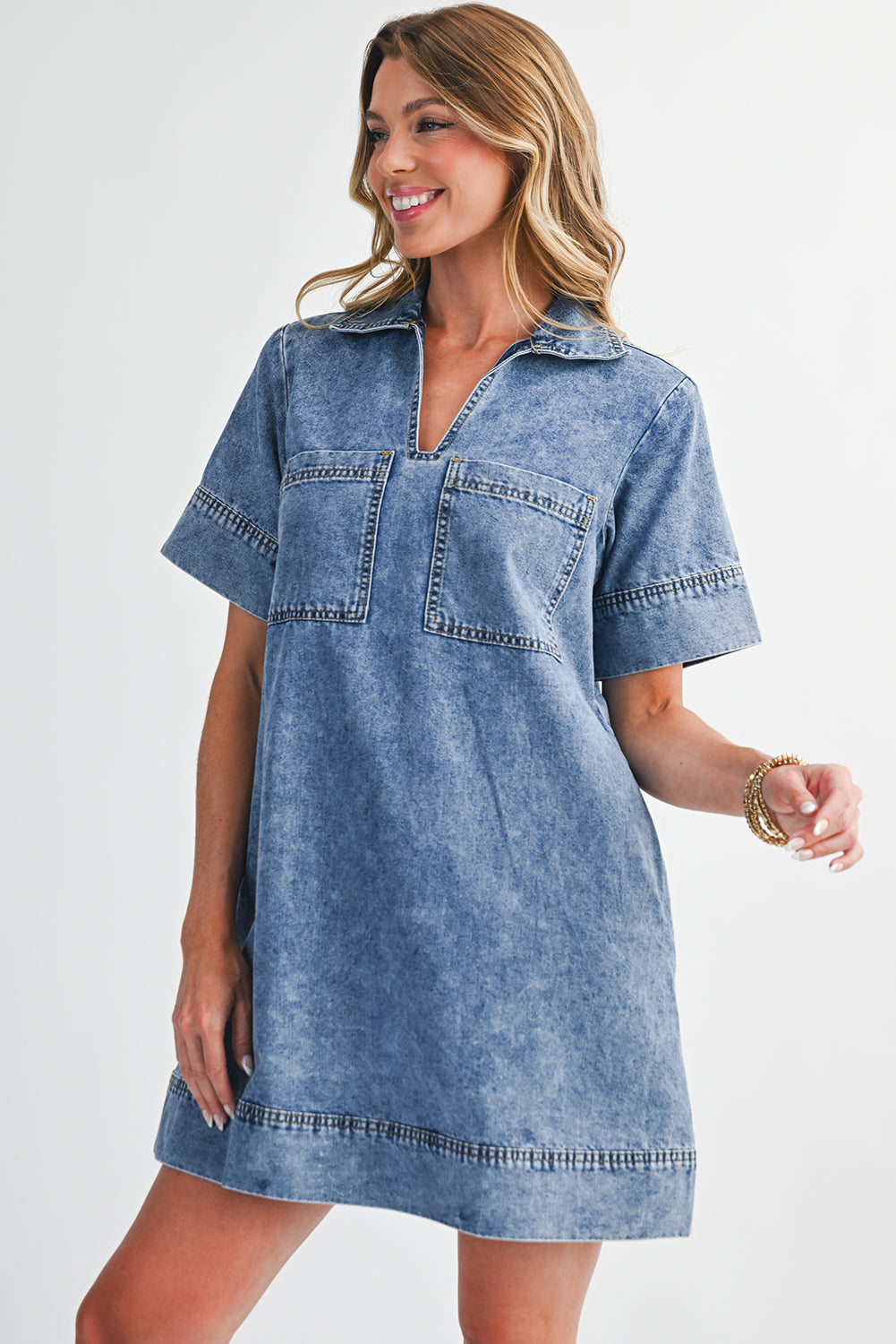 Beau Blue Short Sleeve Collared Chest Pocket Denim Mini Dress