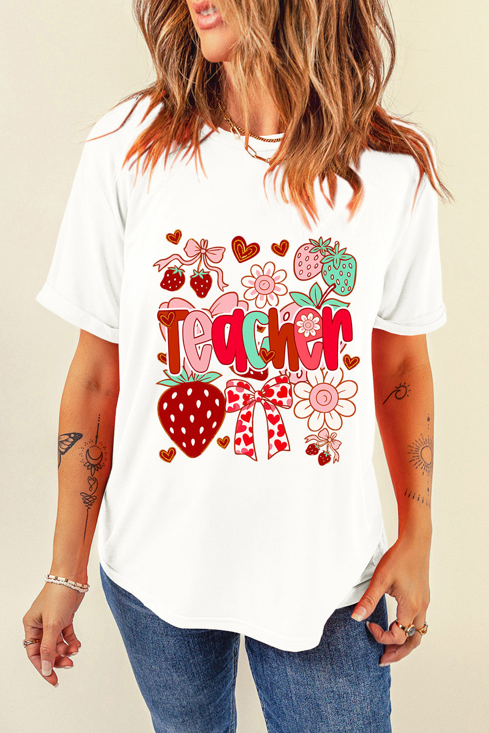 White Cute Strawberry Floral Teacher Graphic Custom Tee