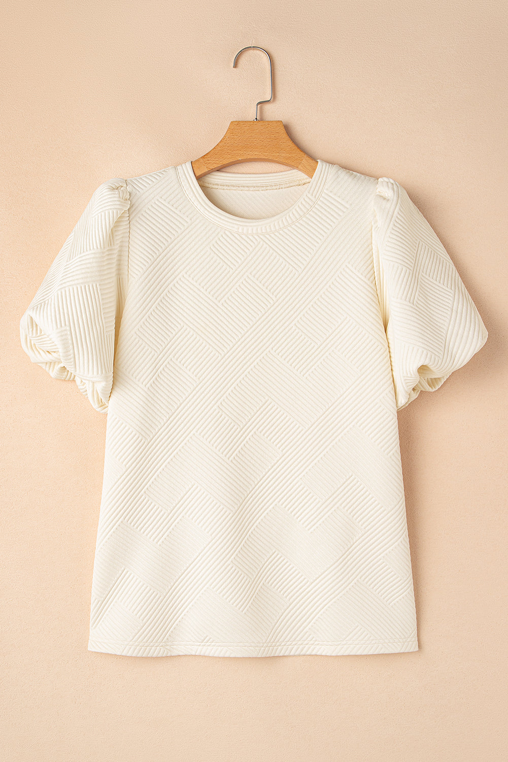 Oatmeal Solid Color Textured Puff Sleeve T-shirt