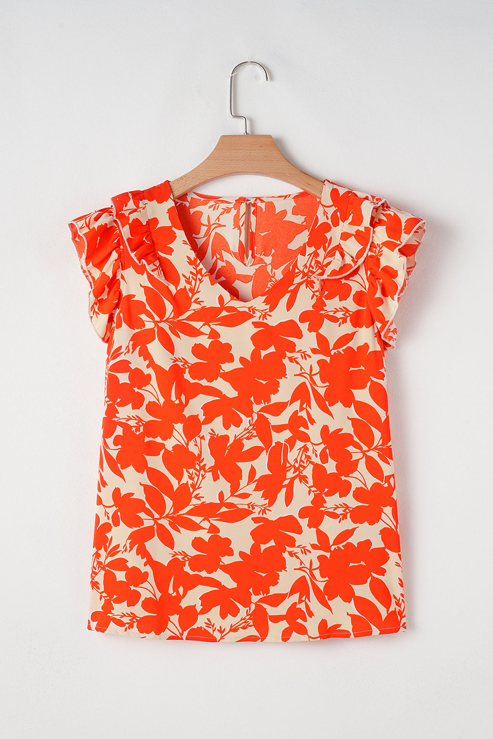 Orange Floral Print Ruffle Sleeve V Neck Top