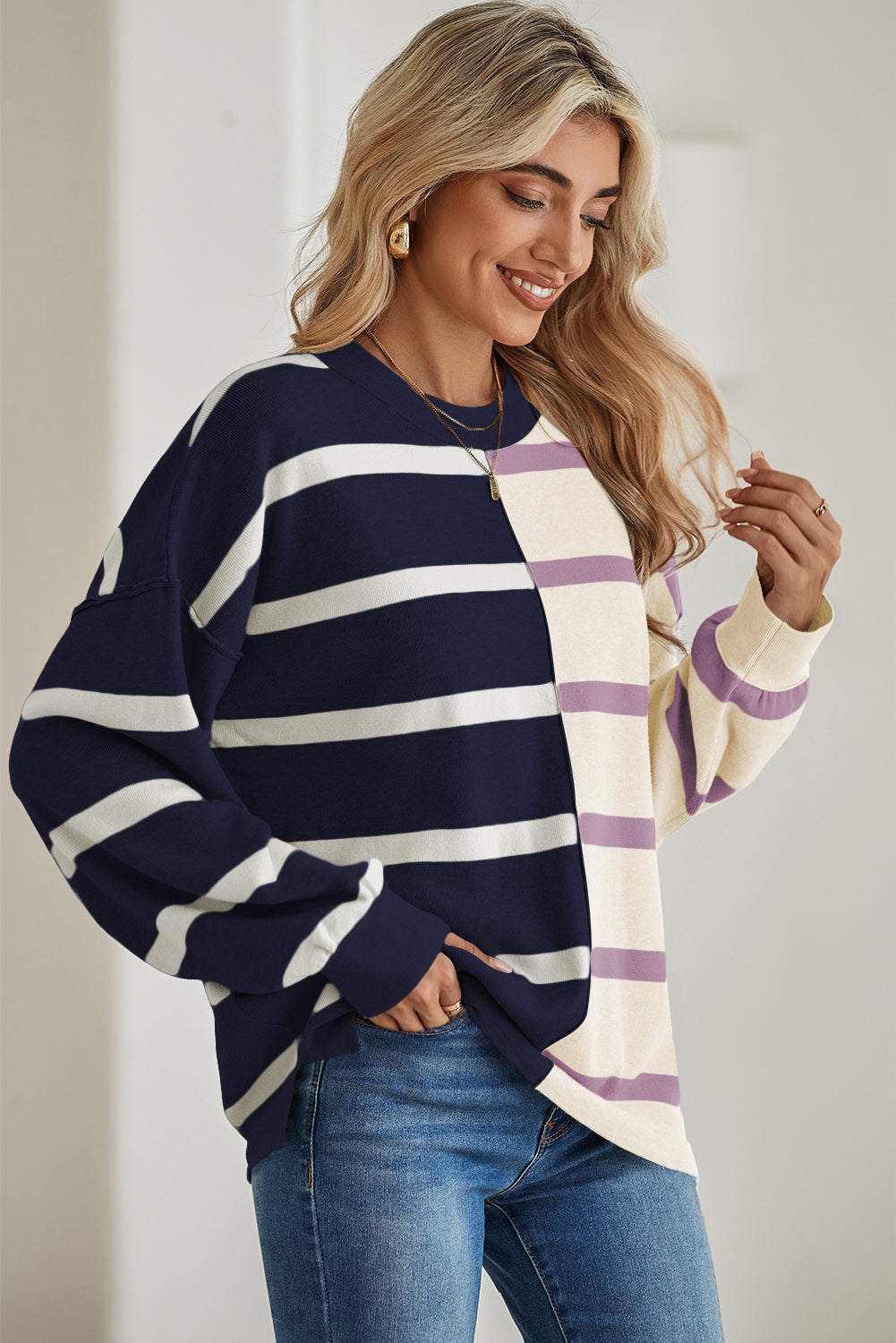 Blue Stripe Exposed Seam Patchwork Loose Sweater