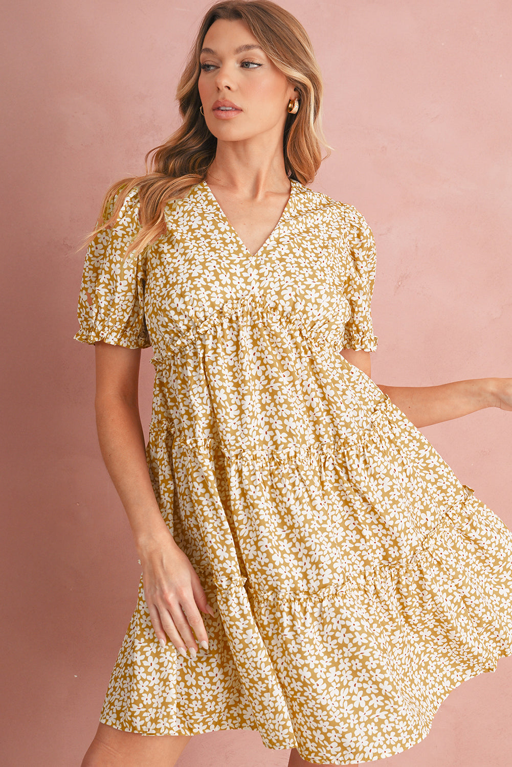 Yellow Floral Short Sleeve V Neck Frill Tiered Mini Dress