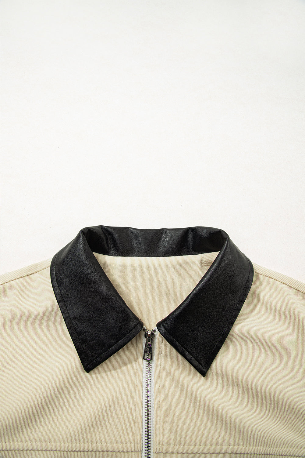 Parchment Contrast Leather Collar Textured Zip Up Jacket