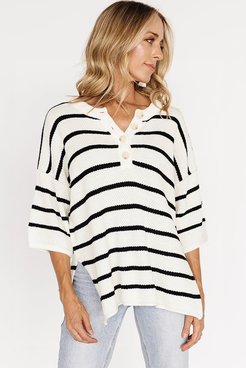 White Stripe Drop Shoulder Bracelet Sleeve Henley Knit Tee
