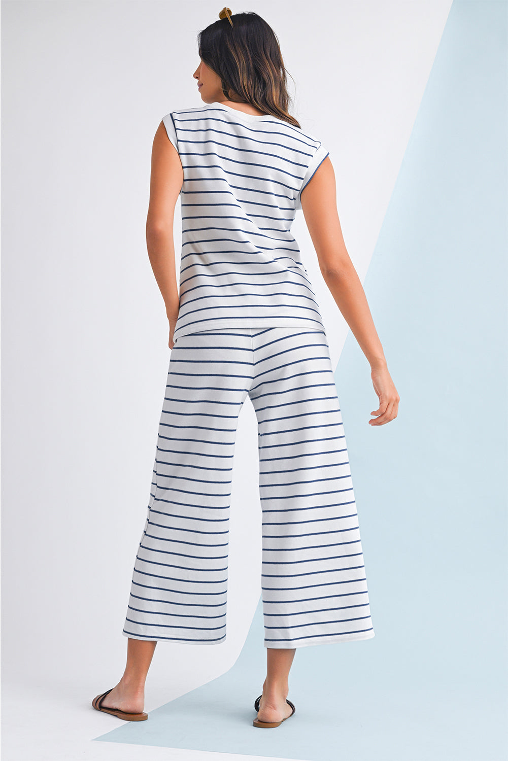 Sail Blue Casual Striped Tee and Wide Leg Pants Set