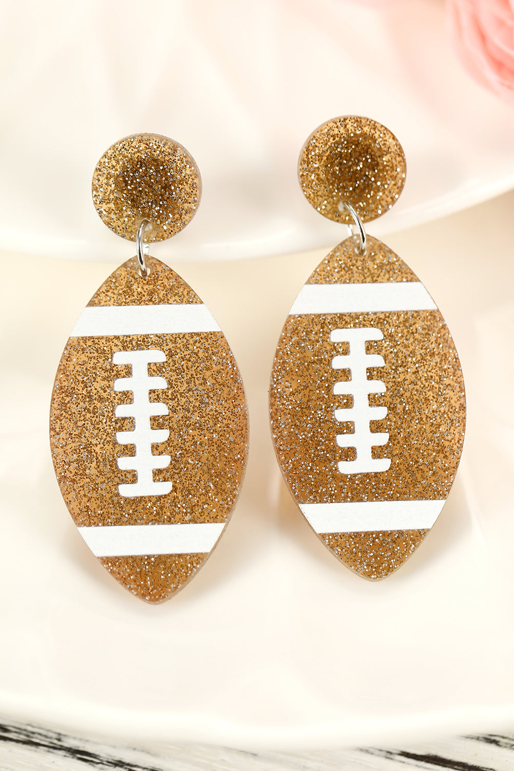 Brown Glittering Football Dangle Earrings