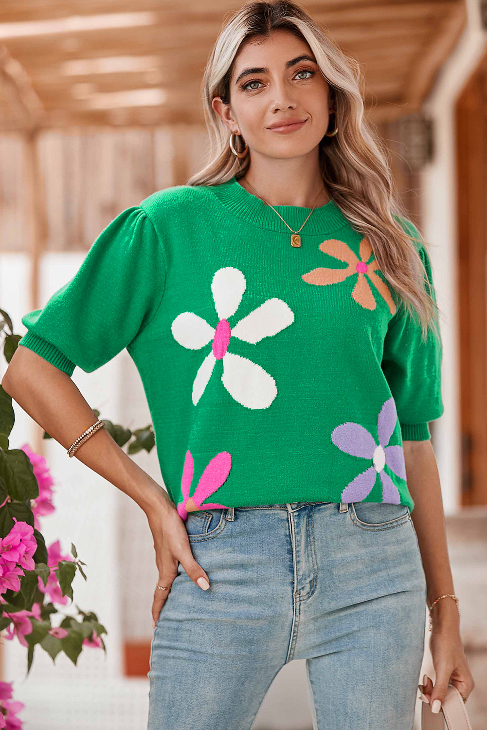 Bright Green 60s Floral Bubble Short Sleeve Knitted Top