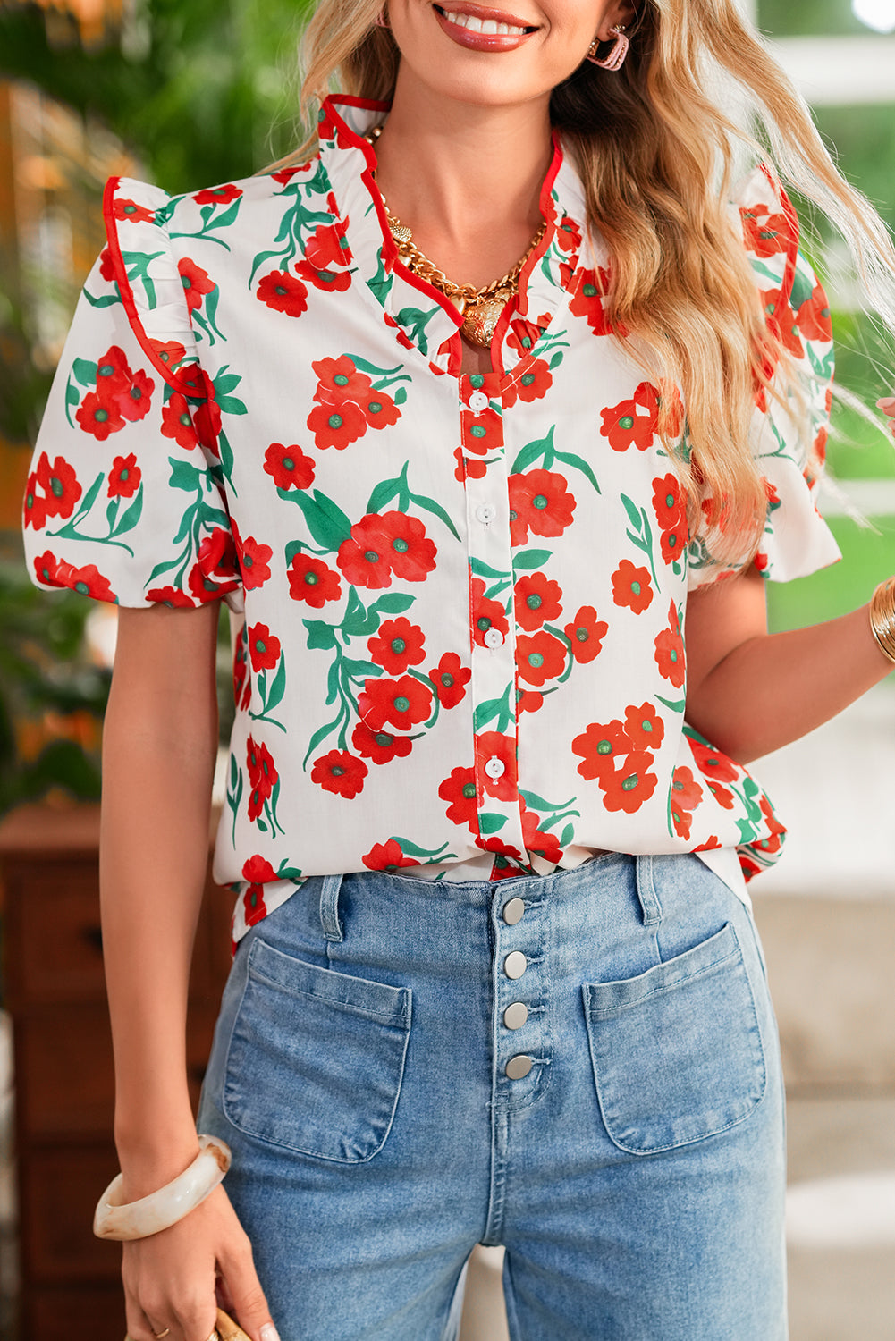 Red Floral Print Ruffle Puff Sleeve Summer Shirt