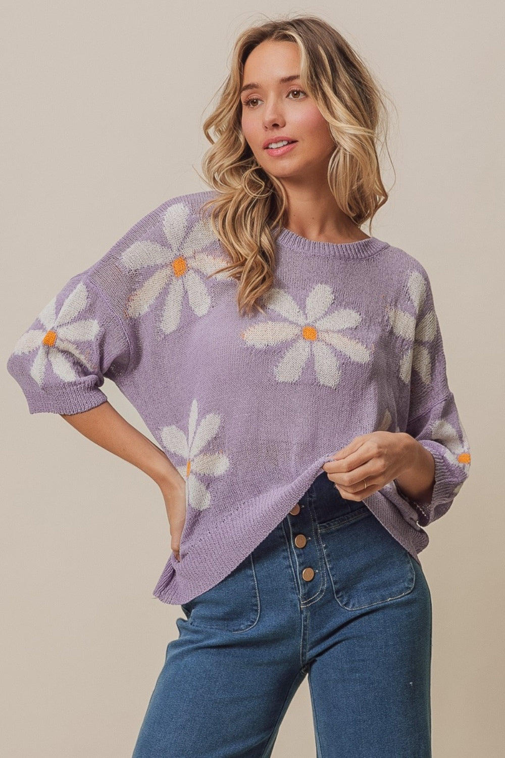 BiBi Floral Pattern Slit Sweater-1