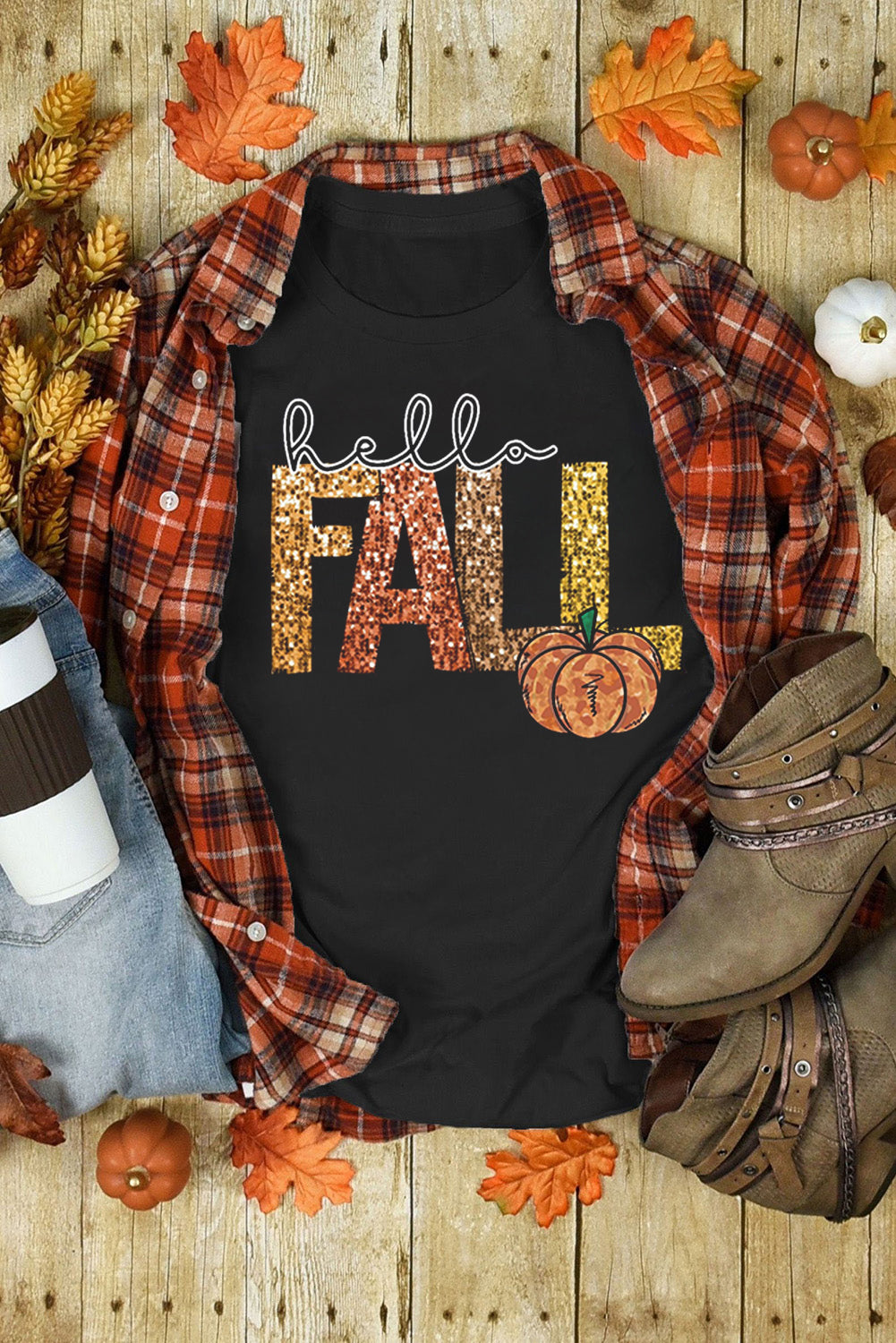 Black Hello Fall Letter Pumpkin Printed T Shirt