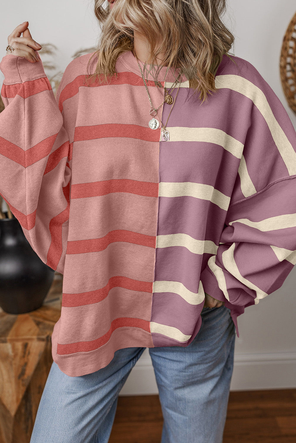 Pink Striped Patchwork Drop Shoulder Sweater