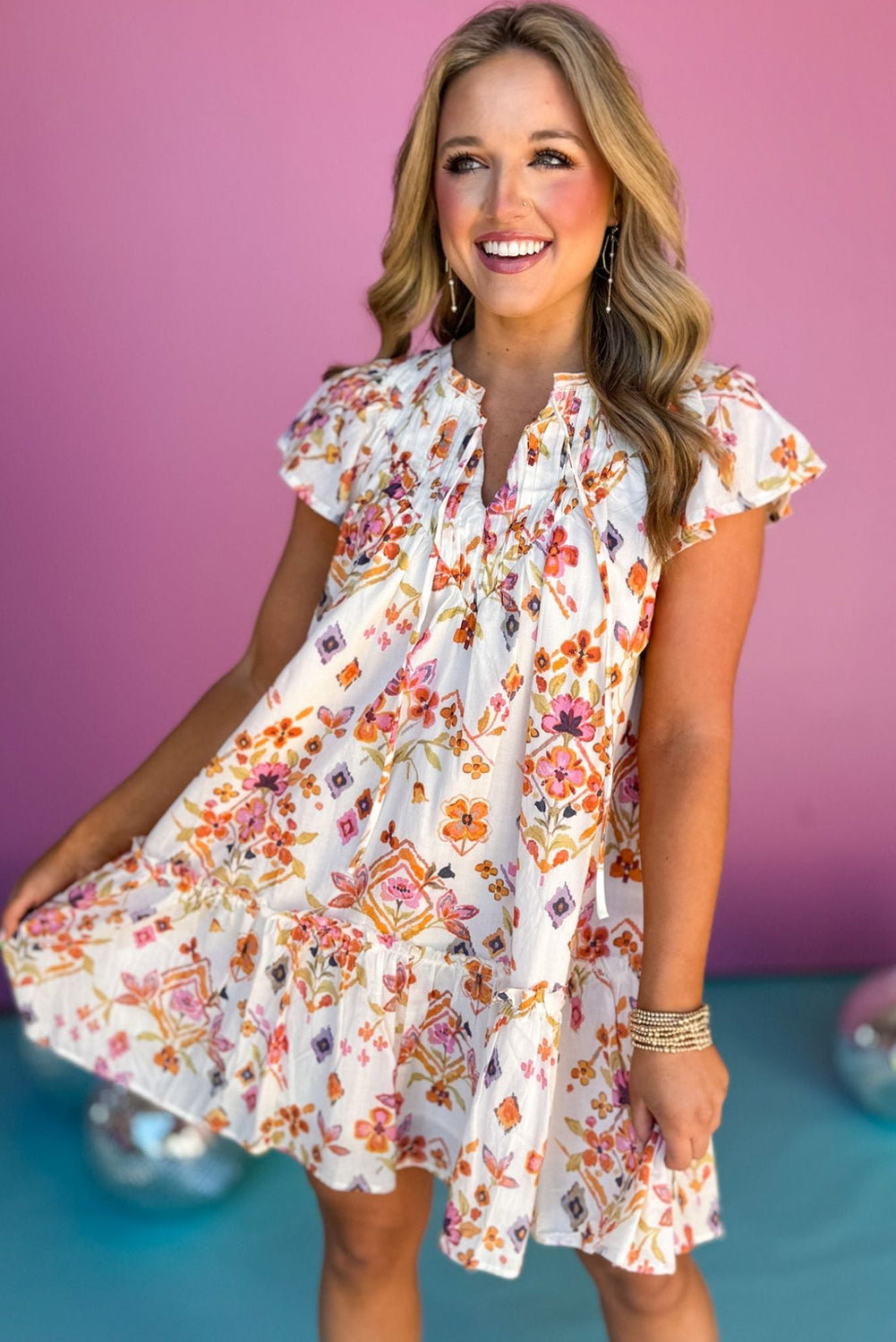 Apricot Floral Print Ruffled Trim Flutter Sleeve Mini Dress