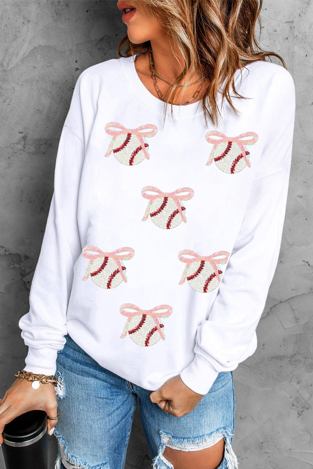 White Sequin Bow Baseball Patched Casual Sweatshirt