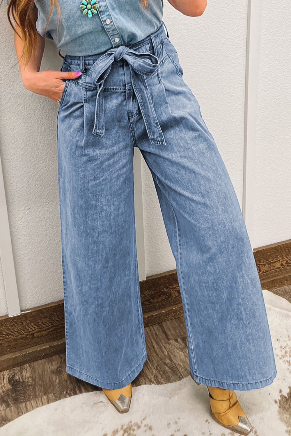 Beau Blue Vintage Washed Knot Belt Wide Leg Jeans