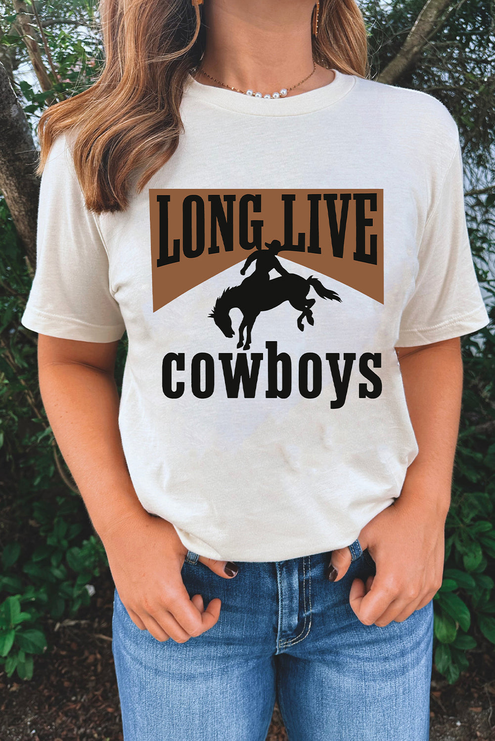 White LONG LIVE Cowboys Western Graphic Loose Tee