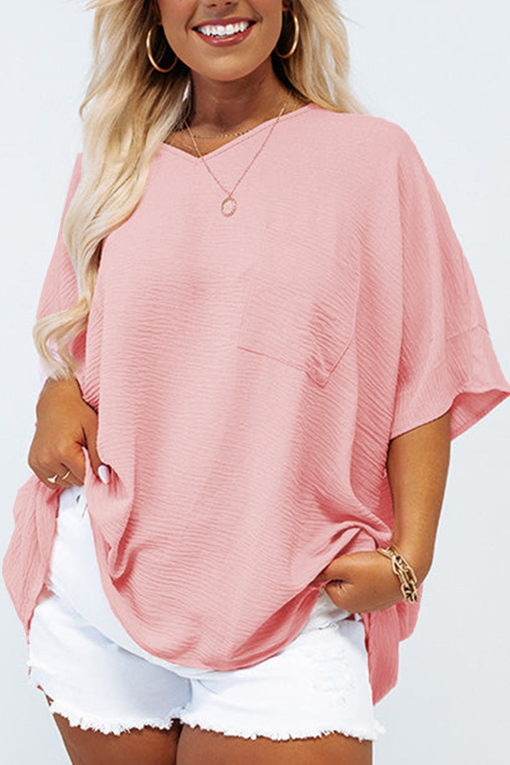 Pink Solid Color V Neck Textured Plus Size Blouse