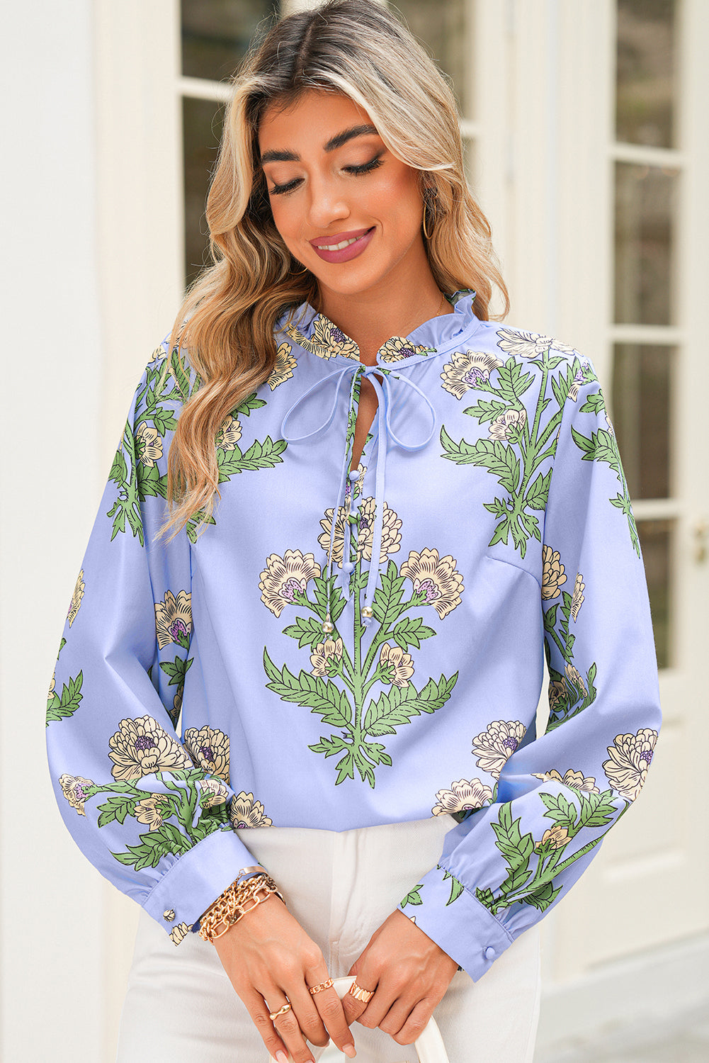 Sky Blue Floral Print V Neck Bubble Sleeve Blouse