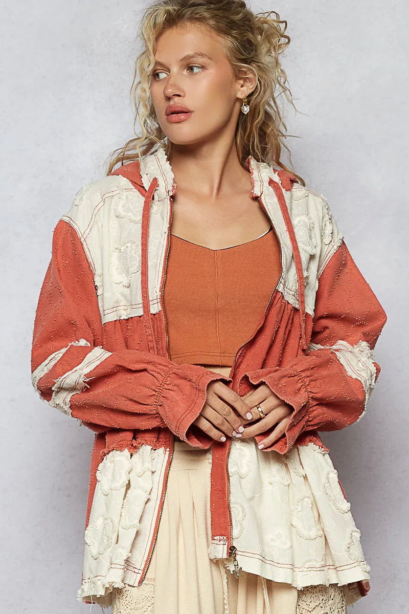 Raw Hem Color Block Hooded Jacket