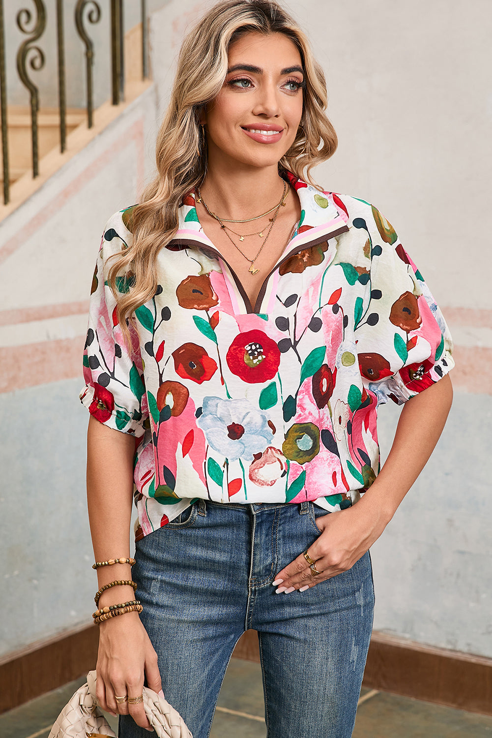 Pink Floral Print Boho Pop of Color Neckline Blouse