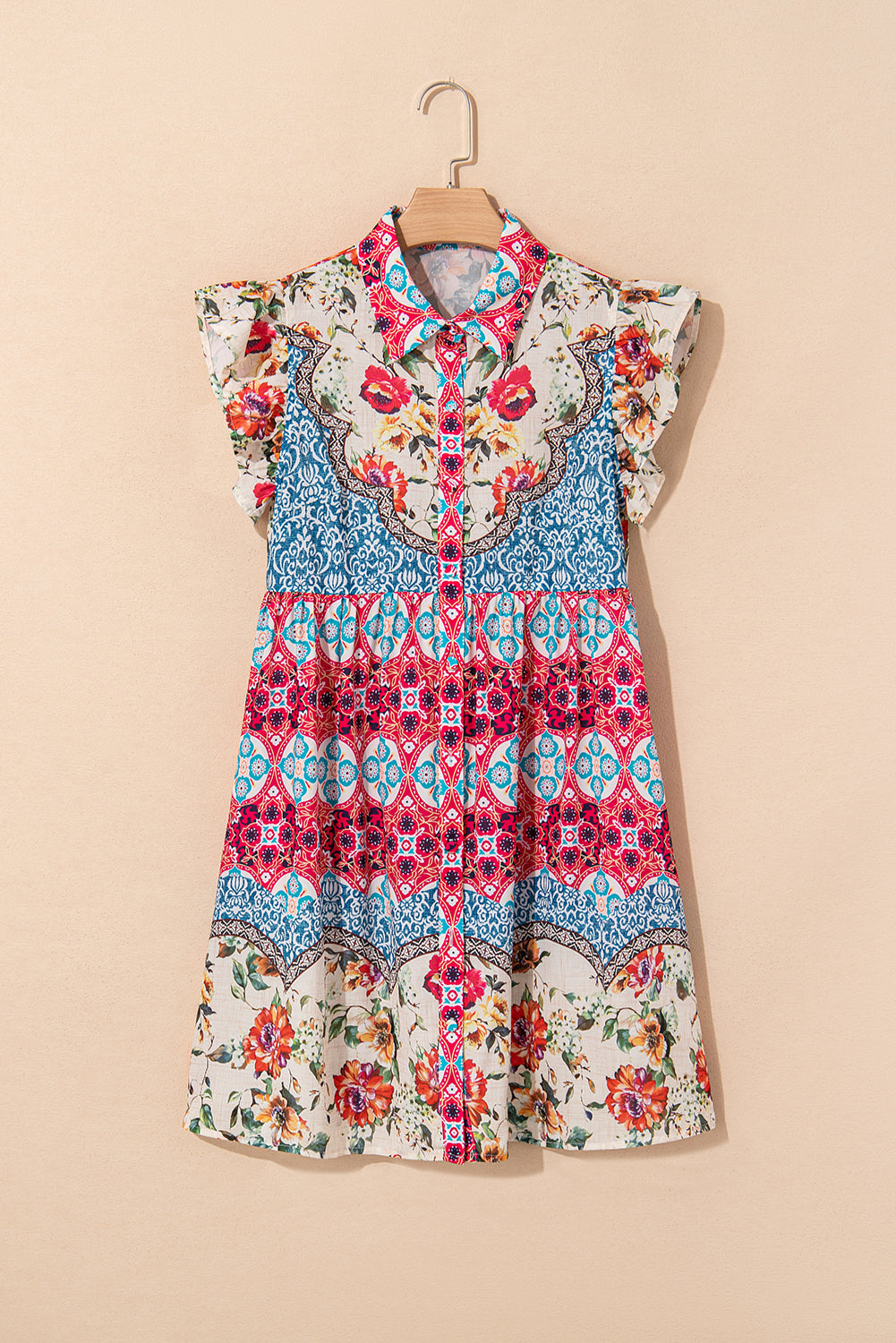 Rose Floral Ethnic Print Ruffle Mini Dress