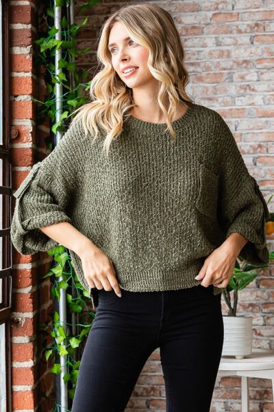 Veveret Round Neck Roll-Up Sweater-2