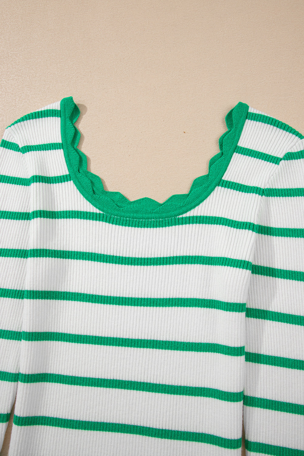 Bright Green Scalloped Edge Striped Long Sleeve  Sweater