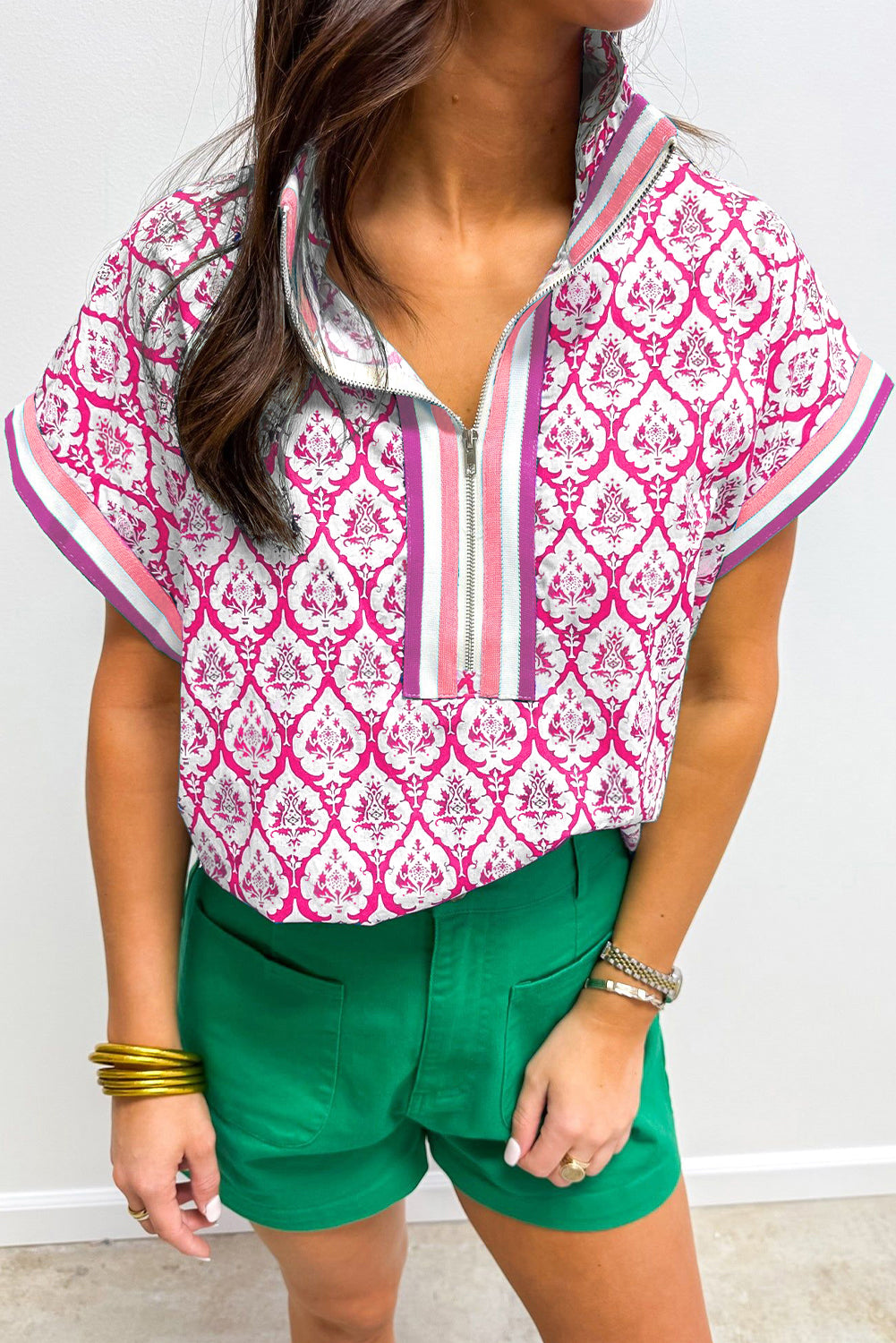 Pink Colorblock Striped Collar Bohemian Print Blouse