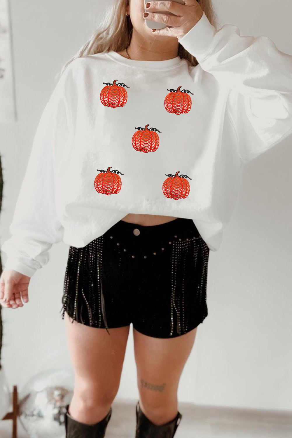 White Sequin Pumpkin Patched Drop Shoulder Sweatshirt