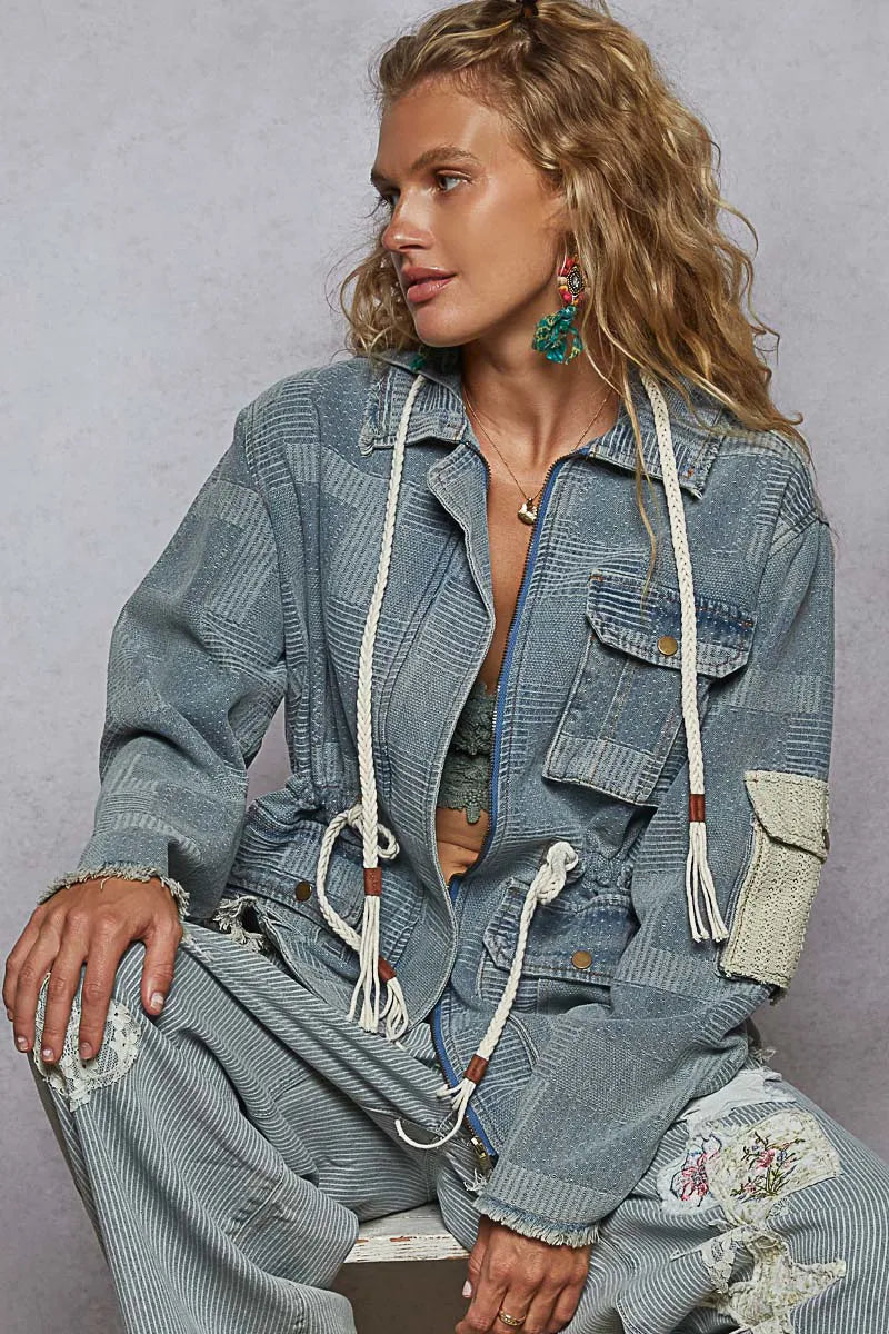 Raw Hem Drawstring Zip Up Hooded Denim Jacket