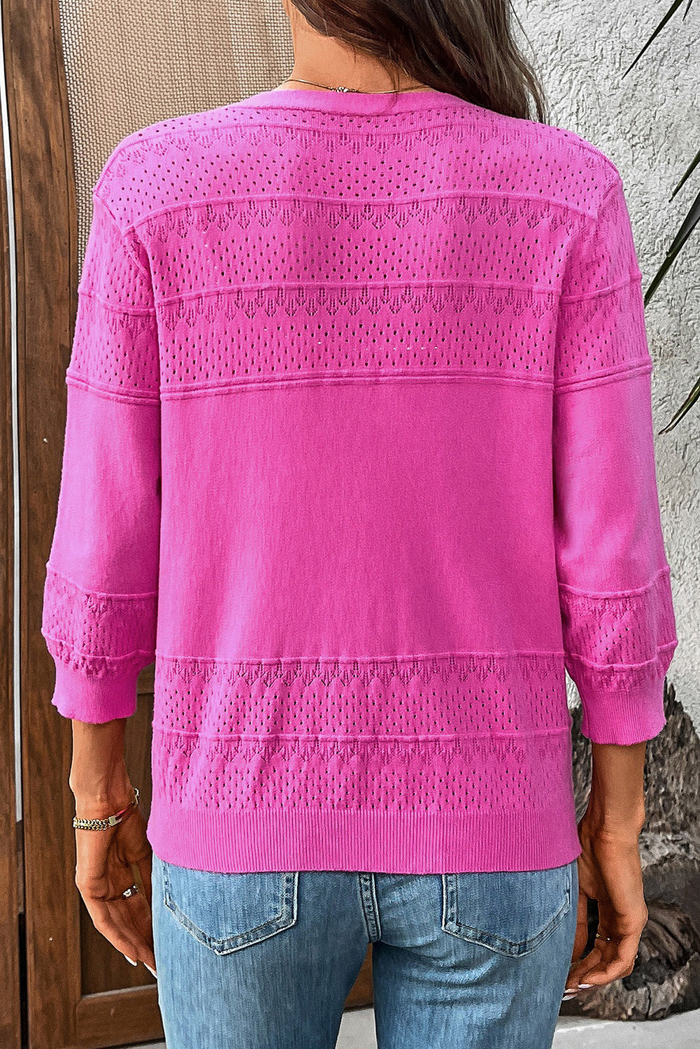 Bright Pink Hollow Knit 3/4 Sleeve V Neck Cardigan