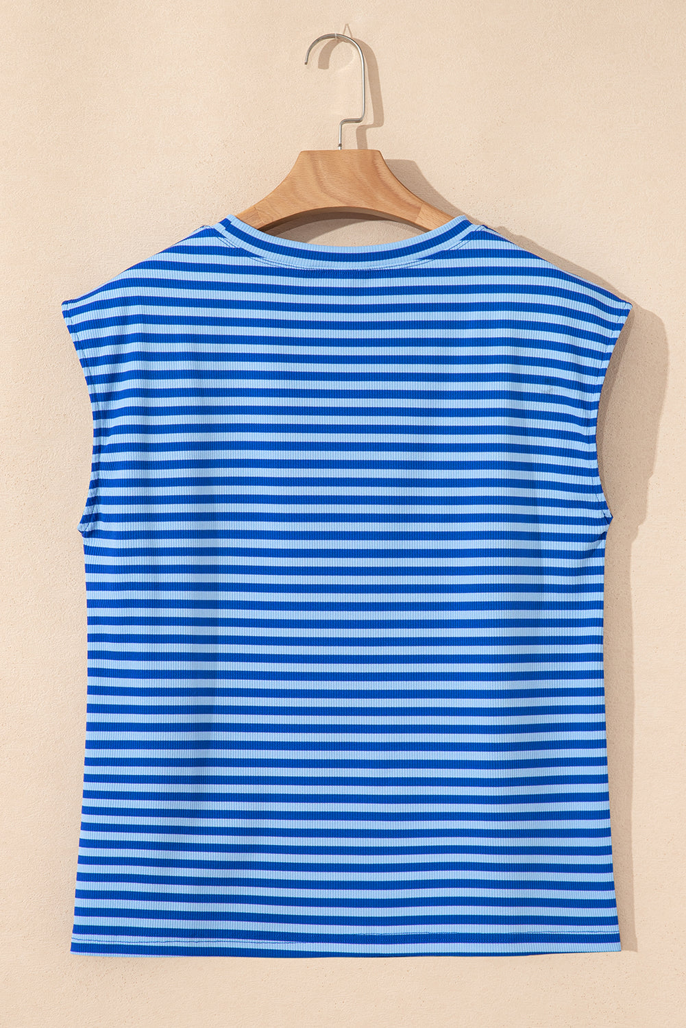 Sky Blue Stripe Ribbed Cap Sleeve Round Neck T Shirt