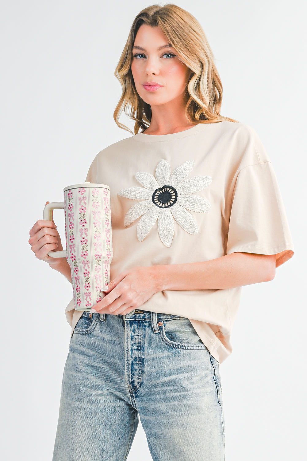 White Bow and Flower Striped 40oz Tumbler Cup