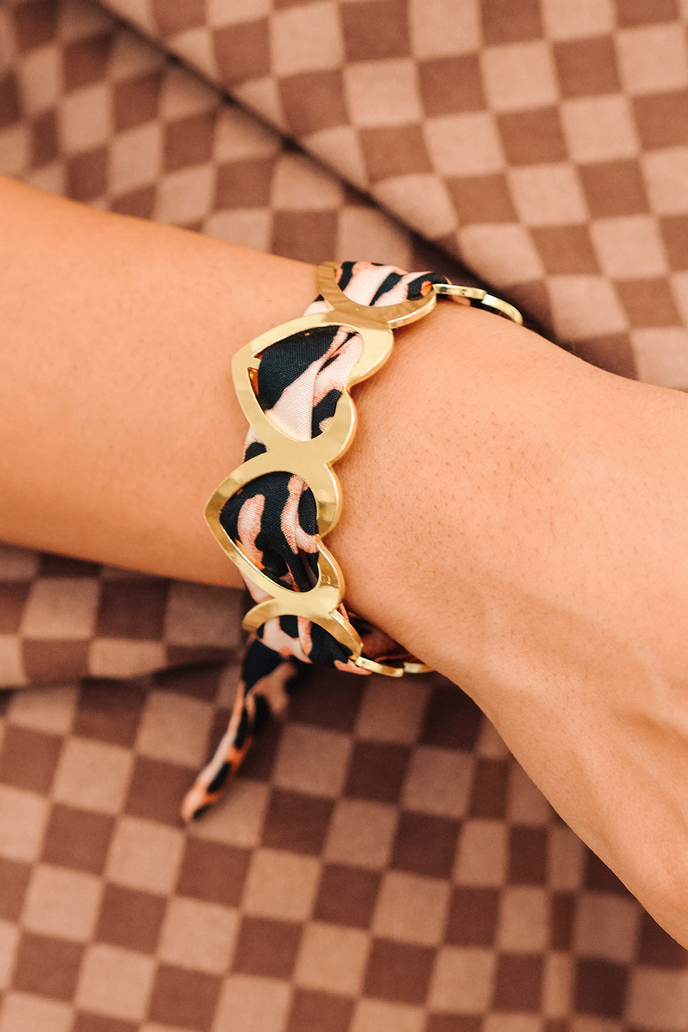 Camel Hollow Out Heart Leopard Print Ribbon Bracelet
