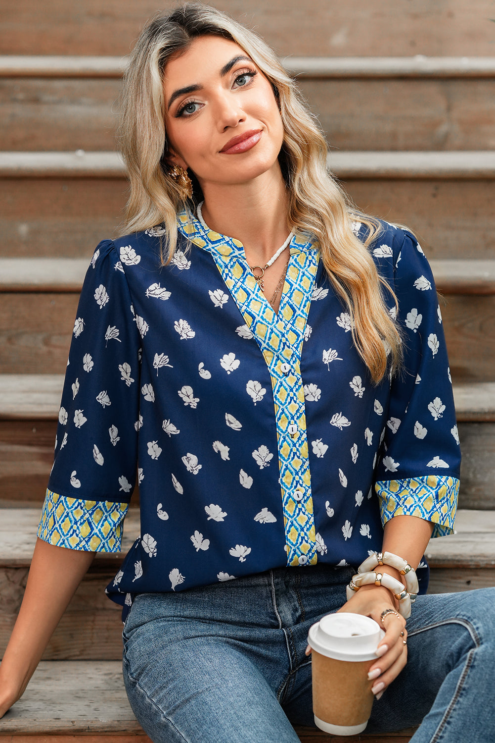 Blue Floral Print Pop of Color V Neck Patchwork Blouse