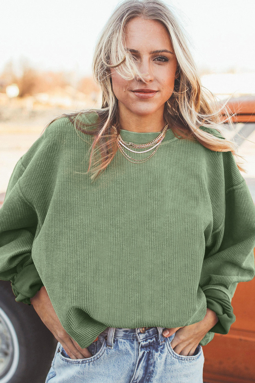 Grass Green Rib Knit Drop Shoulder Oversized Sweatshirt