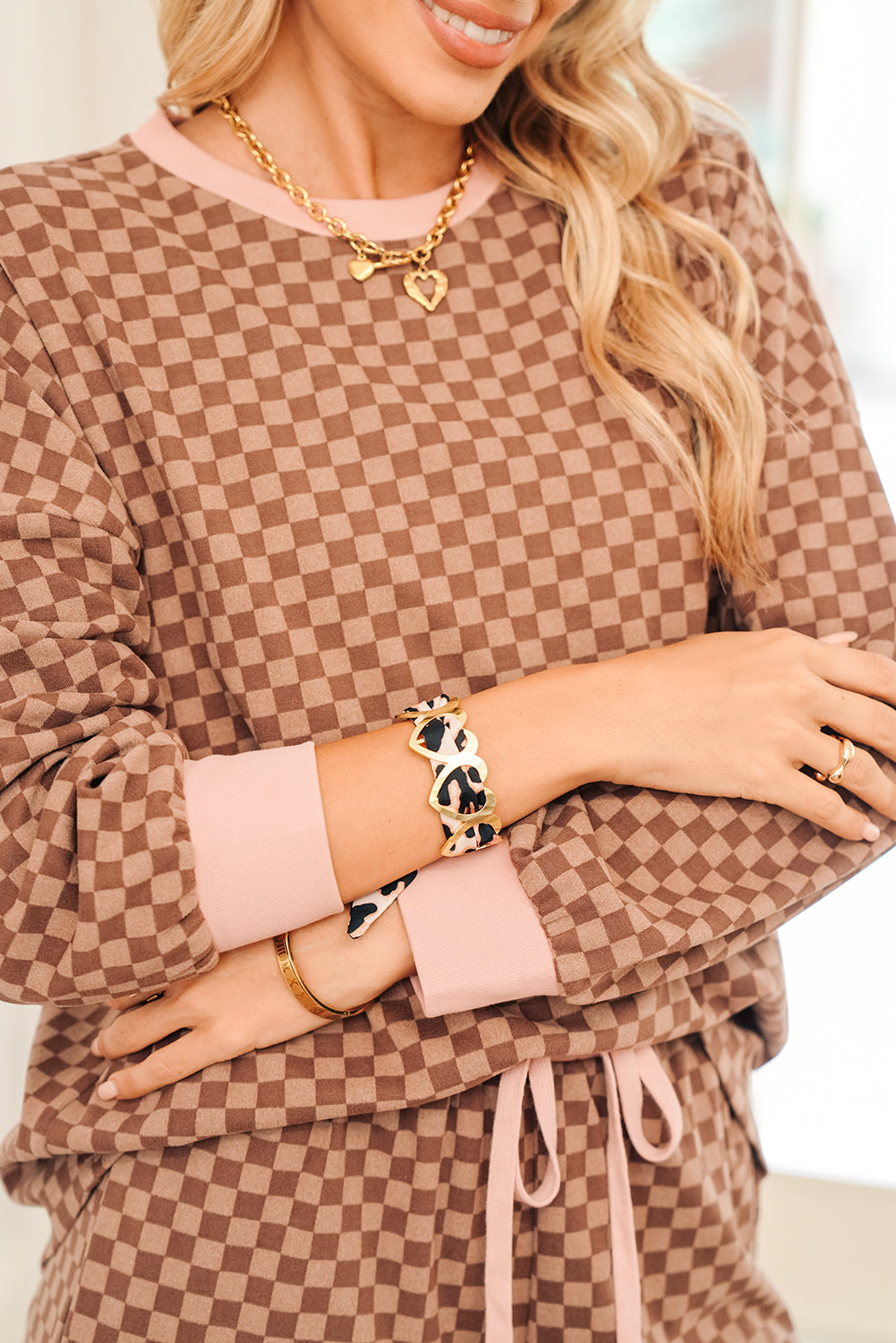 Camel Hollow Out Heart Leopard Print Ribbon Bracelet