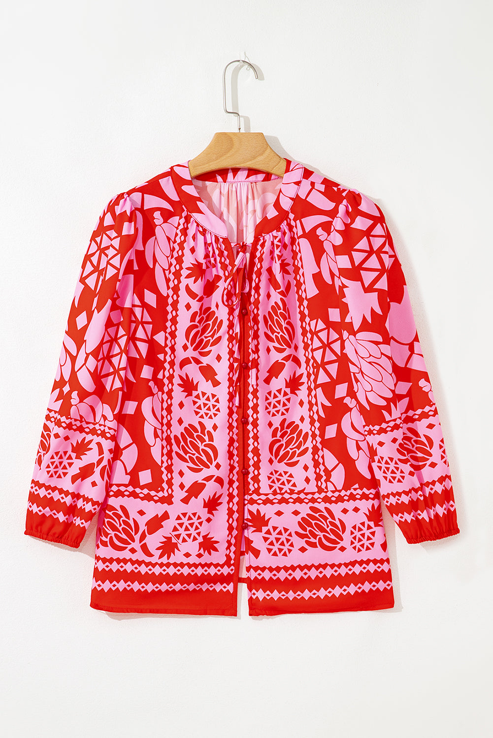 Strawberry Pink Floral Print Tie V Neck Blouse