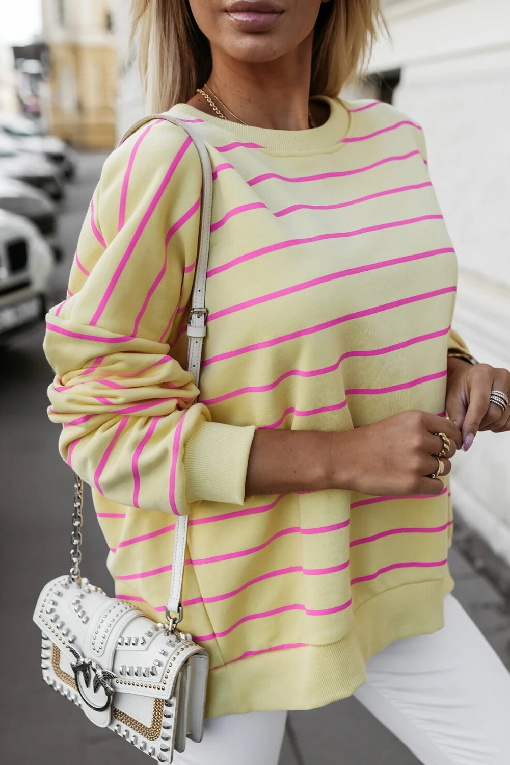 Yellow Striped Overlap Detail Drop Shoulder Pullover Sweatshirt